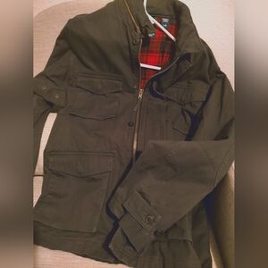 Men's Chaps Large Army Green Coat, Plaid Flannel Lining, Zippable Hood, Sz L